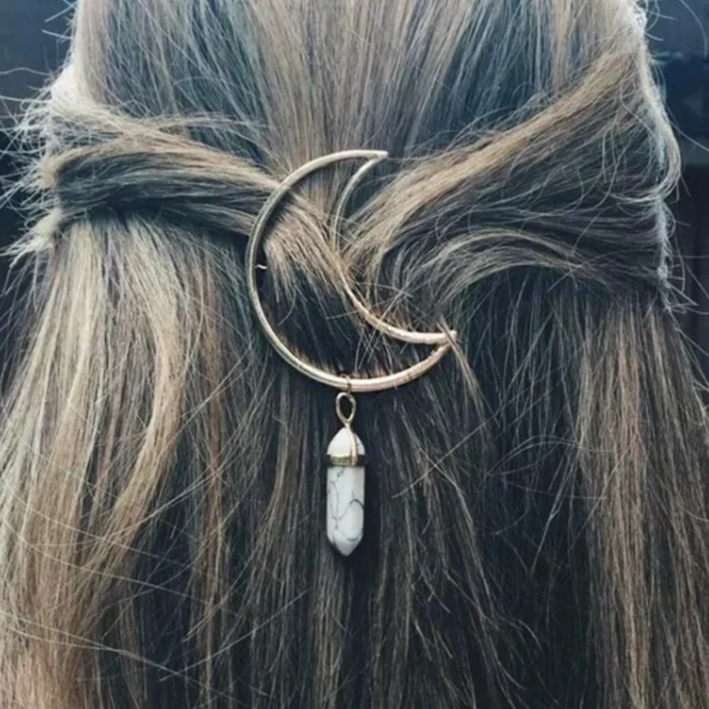 Boho Gold Crescent Moon Hair Pin with White Marble Stone Pendant Celestial Hair